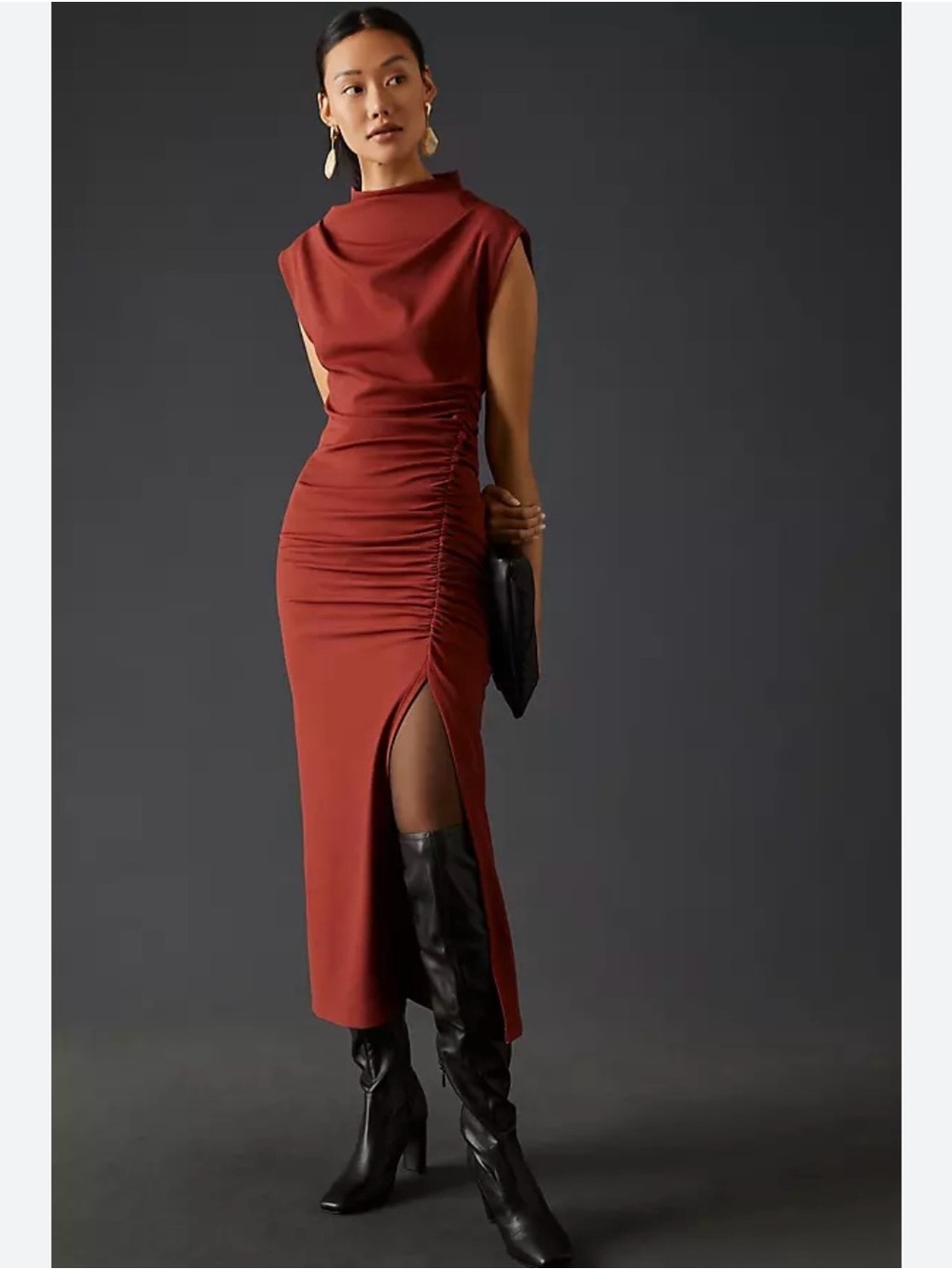 Anthropologie The Maya Ruched Cowl-neck Dress in Rust